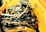 In 1981 I re-painted the engine compartment. In this photo you can see the plexiglas windows in the valve covers.  You can see the gold anodized Crane Roller Rockers thru the windows. I never had any problems with the plexiglas leaking or staying clear. 
